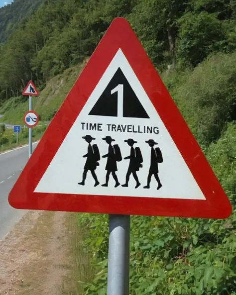 a photo of a road sign , Time-Traveling Tourist Group Ahead:1.3, a sign indicating the presence of a "Time-Traveling Tourist Group," complete with visitors from different eras. , <lora:road_sign:0.7>