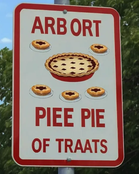 a photo of a road sign , Beware of Sudden Pie-in-the-Sky Delights:1.2, a comical road sign featuring pies floating in the sky, humorously advising drivers to watch for airborne treats. , <lora:road_sign:1.0>
