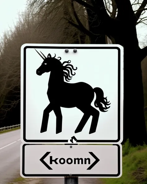 a road sign , Unicorn Crossing:1.3, a whimsical road sign showing a unicorn prancing across the road, invoking a sense of enchantment and playfulness. , road_sign