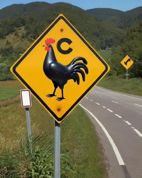 a photo of a road sign , Caution: Giant Rubber Chicken Crossing:1.5, a humorous sign suggesting the potential for encounters with oversized rubber chickens on the road. , <lora:road_sign:1.0>