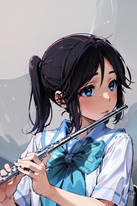 1girl, blue eyes, kitauji_high_school_uniform, short ponytail, flute, playing flute, <lora:nozomi :0.8:OUTALL> <lora:brass_flute:0.9>  portrait,