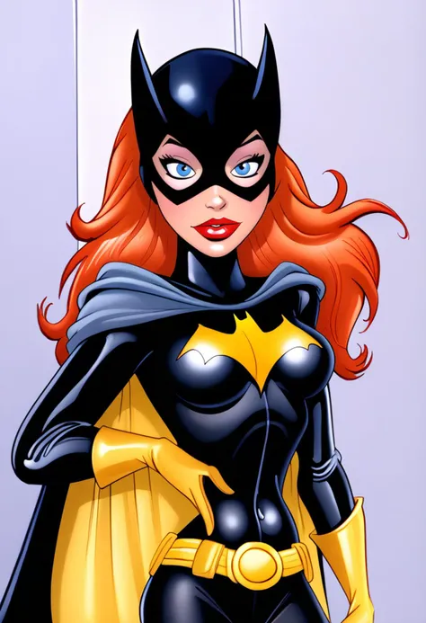 <lora:Dean Yeagle StylePonyLyco:1>,dystlye, small breasts, 1girl, <lora:Babs:1> babs, red hair, 1girl, blue eyes, black bodysuit, mask, yellow gloves, yellow belt, bat ornament, cape