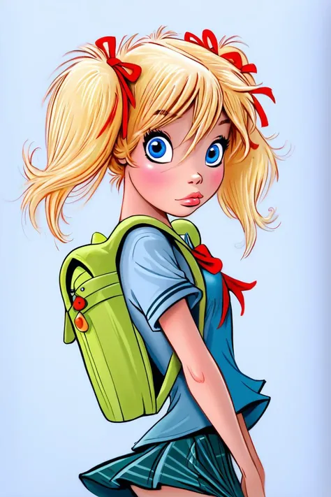 1girl, solo, cute girl, girl, blonde hair, small twintails, blue eyes, backpack, skirt, school uniform,
<lora:age_slider_v4:-4>
<lora:Dean Yeagle StylePonyLyco:1> dystlye,