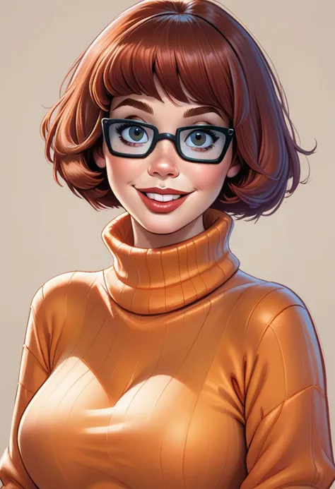 score_9, score_8_up, score_7_up, masterpiece, high quality, dystlye, haunted house, happy, upper body, portrait, Velma, orange turtleneck,