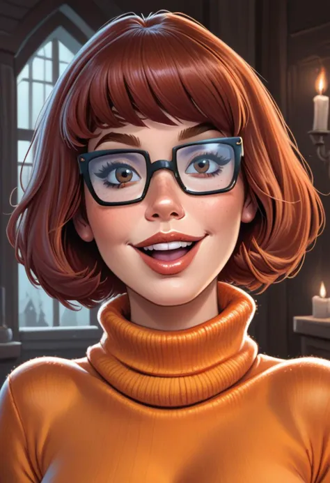 score_9, score_8_up, score_7_up, masterpiece, high quality, dystlye, haunted house, happy, upper body, portrait, Velma, orange turtleneck,