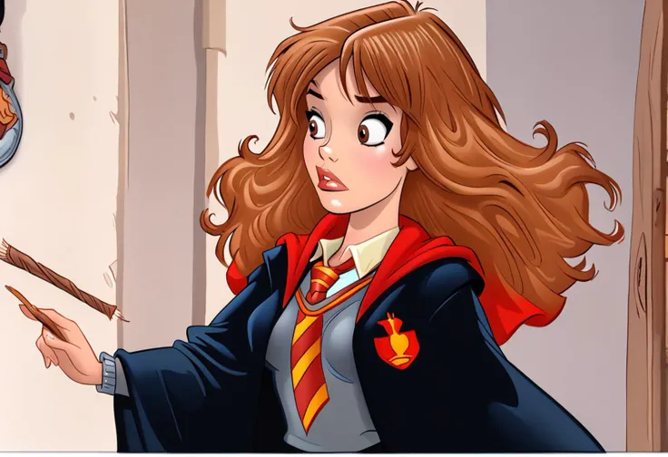 <lora:Dean Yeagle StylePonyLyco:1>,dystlye, small breasts, 1girl, <lora:Hermione-000008:1> , Hermione, brown hair, brown eyes, white shirt, two-tone necktie, grey cardigan, black skirt, mantle