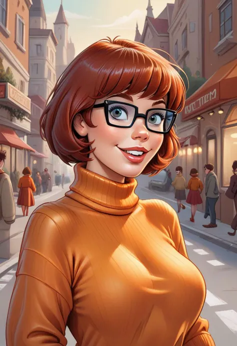 score_9, score_8_up, score_7_up, masterpiece, high quality, dystlye, walking on a street , happy, upper body, portrait, Velma, orange turtleneck,