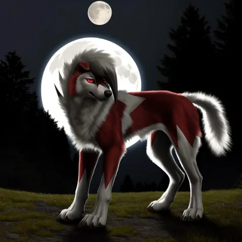 (artwork),photo of a real life, detailed eyes, <lora:MidnightLycanroc:1>, MidnightLycanroc, feral, pokemon, fur, tuft, red eyes, full body, moon light, volumetric lighting, in forest, full body, wolf