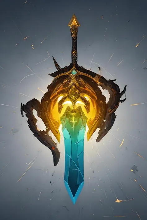breathtaking full shot, hdr, dynamic lighting, (masterpiece, top quality, best quality, official art, beautiful and aesthetic:1.2),(8k, best quality, masterpiece:1.2), weapon, no humans, epic glowing air short sword, fantasy, golden gemstone, light particles, reflective surface, still life, glowing weapon, floating, glowing, simple background, <lora:magic circle_v2.0:0.1> magic circle <lora:Mild detail adjusterV10:0.2> <lora:CGgameweaponicon hsw:1> CGgameweaponicon hsw, <lora:lcm-lora-sdv1-5:0.7>, masterpiece, award-winning, professional, highly detailed, Vector art, Vivid colors, Clean lines, Sharp edges, Minimalist, Precise geometry, Simplistic, Smooth curves, Bold outlines, Crisp shapes, Flat colors, Illustration art piece, High contrast shadows, Technical illustration, Graphic design, Vector graphics, High contrast, Precision artwork, Linear compositions, Scalable artwork, Digital art