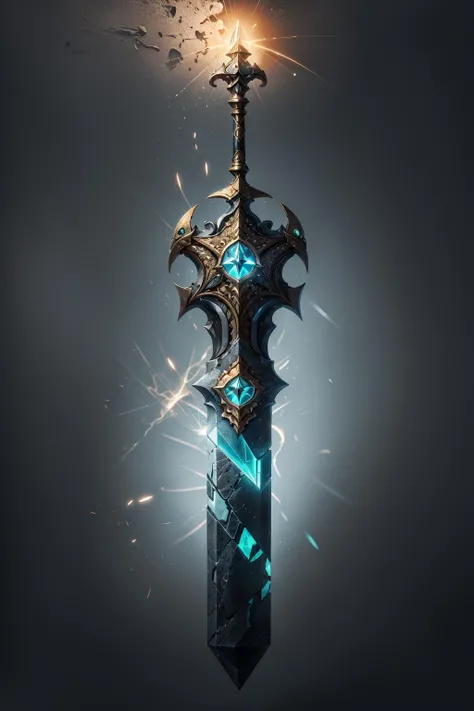 a masterful relic in the middle of a sacred town, glowing glyphs, graphite, gold, ancient, marble, grain, texture, pattern, (neon teal), absurdres, hilt, stone, reflective surface, cavern, crystal, inner light, intricate, embroidery, metal, shine, journey, twilight, sword