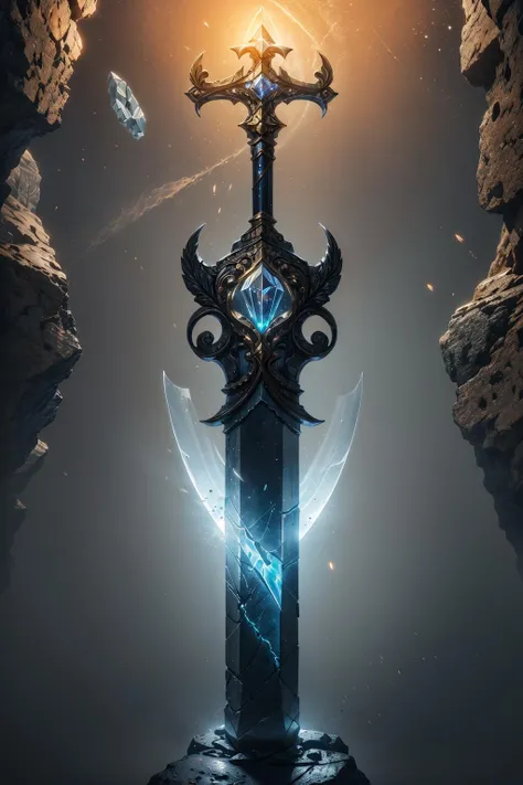 a masterful relic in the middle of a sacred town, sword in stone, glowing glyphs, graphite, gold, ancient, marble, grain, texture, pattern, (neon black), absurdres, blade, hilt, stone, reflective surface, cavern, crystal, inner light, intricate, embroidery, metal, shine, journey, twilight, longsword, symmetry