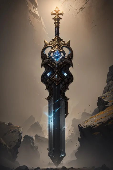 a masterful relic in the middle of a sacred town, glowing glyphs, graphite, gold, ancient, marble, grain, texture, pattern, (neon white), absurdres, hilt, stone, reflective surface, cavern, crystal, inner light, intricate, embroidery, metal, shine, journey, twilight, sword