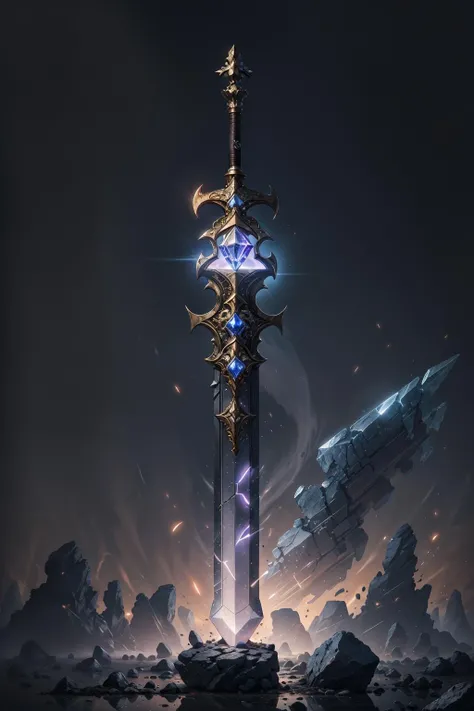a masterful relic in the middle of a sacred town, glowing glyphs, graphite, gold, ancient, marble, grain, texture, pattern, (neon purple), absurdres, blade, hilt, stone, reflective surface, cavern, crystal, inner light, intricate, embroidery, metal, shine, journey, twilight, longsword