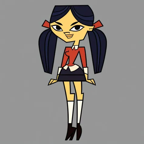 black skirt, total drama, high heel boots, lips, cute, black eyes, red sweater, Kitty_(\Total_Drama\), breasts, white undershirt, knee socks, tdtrr, navy blue hair, twintails, 1girl