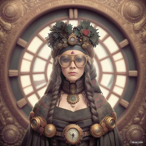 (steampunkgranny:1.0), (Masterpiece, Best Quality, High Quality, Highres:1.4), Detailed, Extremely Detailed, 4K, (Extremely Detailed Eyes, Detailed Face and Skin:1.2), Ornate, Indoor, 1girl koh_kimkardashian, (Solo:1.4), Standing, (Upper Body:1.2), Looking at Viewer, (clock, goggles, gears, round eyewear), surreal, steampunk