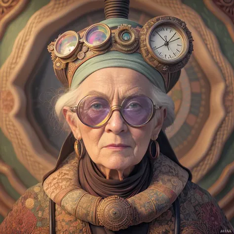 (Painting:1.3) of (steampunkgranny:1.0) style, upper body close-up portrait of an old man, 1boy, male focus, looking at the viewer, solo, talking, parted lips, glasses, hat, (clock, goggles, gears, round eyewear), simple black background, realistic, surreal, steampunk