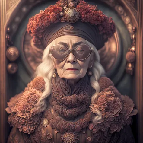 (steampunkgranny:1.0), (Masterpiece, Best Quality, High Quality, Highres:1.4), Detailed, Extremely Detailed, 4K, (Extremely Detailed Eyes, Detailed Face and Skin:1.2), Ornate, Indoor, 1Girl, 1girl koh_kimkardashian, (Solo:1.4), Standing, (Upper Body:1.2), Looking at Viewer, (clock, goggles, gears, round eyewear), surreal, steampunk