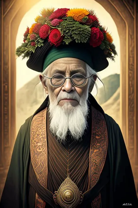 (Digital Artwork:1.3) of (steampunkgranny:1.0) style, upper body close-up portrait of an old man, 1boy, male focus, looking at the viewer, solo,red skin, green hair, talking, parted lips, glasses, (hat, exotic flowers), simple black background, realistic, surreal, steampunk, surrealsteampunkai,CGSociety,ArtStation