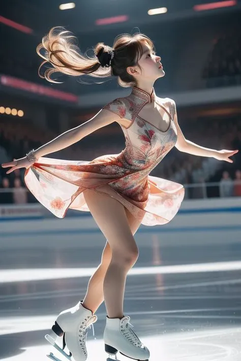 (((masterpiece))), (((best quality))), (((full body))), (((motion blur:1.4))), (((jumping in air:1.2))), (((flying spin))), (((spiral lines))), ((dancing on grand ice skating exhibition)), (((raise foot))), (((raise leg))), (((raise shoe))), (((raise arm))), (((long legs))), (((red see through floral print lace qipao dress))), ((detached sleeves)), cinematic light, countless crowd, wind, night, solo, 1girl, (((blonde hair))), ((very long hair)), updo, ribbon, high neck, collar, (((big tits))), enjoy, smile, shy, blush, (((petite figure))), (((skates))), ((hair flows upwards)), (face towards the sky), <lora:girllikeflyingspin:0.8>