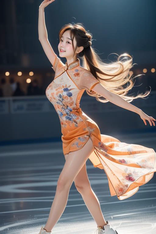 (((masterpiece))), (((best quality))), (((full body))), (((from pointing forward))), (((walking in sky))), (((flying spin))), (((spiral lines))), ((dancing on grand ice skating exhibition)), (((raise foot))), (((raise leg:1.3))), (((raise shoe))), (((raise arm))), (((long legs))), (((light orange see through floral print lace qipao))), ((detached sleeves)), cinematic light, countless crowd, wind, night, solo, 1girl, (((blonde hair))), ((very long hair)), updo, ribbon, high neck, collar, (((big tits))), enjoy, smile, shy, blush, (((petite figure))),((hair flows upwards)), (face towards the sky), splash, steam, fog, <lora:girllikeflyingspin:0.5>