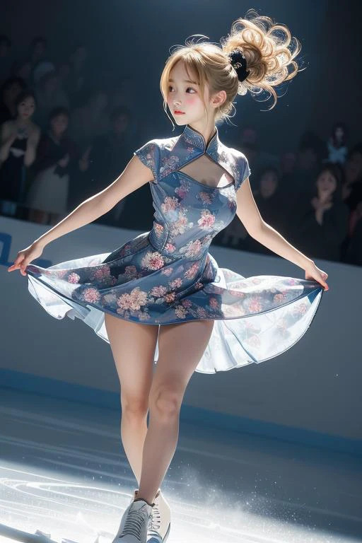 (((masterpiece))), (((best quality))), (((full body))), (((crossed arms))), (((walking in sky))), (((flying spin))), (((spiral lines))), ((dancing on grand ice skating exhibition)), (((raise foot))), (((raise leg:1.3))), (((raise shoe))), (((light indigo see through floral print lace qipao))), ((sleeves)), cinematic light, countless crowd, wind, night, solo, 1girl, (((Headband))), (((blonde hair))), ((very long hair)), updo, ribbon, high neck, collar, (((big tits))), enjoy, smile, shy, blush, (((petite figure))),((hair flows upwards)), (face towards the sky), splash, steam, fog, <lora:girllikeflyingspin:0.5>