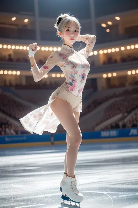 (((masterpiece))), (((best quality))), (((full body))), (((bend over))), (((flying kick))), (((flying spin))), (((dancing on grand ice skating exhibition))), (((raise foot))), (((legs up))), (((raise leg))), (((raise shoe))), (((light khaki see through floral print lace qipao))), ((sleeves)), cinematic light, countless crowd, wind, night, solo, 1girl, (((Headband))), (((white hair))), (((blunt bangs))), updo, ribbon, high neck, collar, (((big tits))), tears, daze, shy, blush, (((petite figure))),((hair flows upwards)), (face towards the sky), splashing, steam, (((five fingers in fist))), <lora:girllikeflyingspin:0.5>
