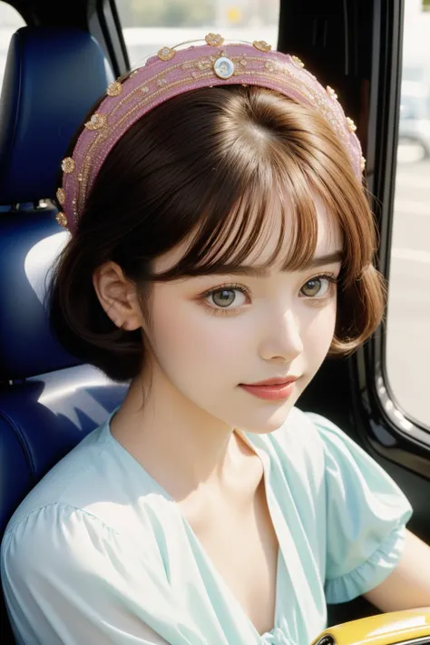 a close up of a woman sitting in a bus with a pink headband