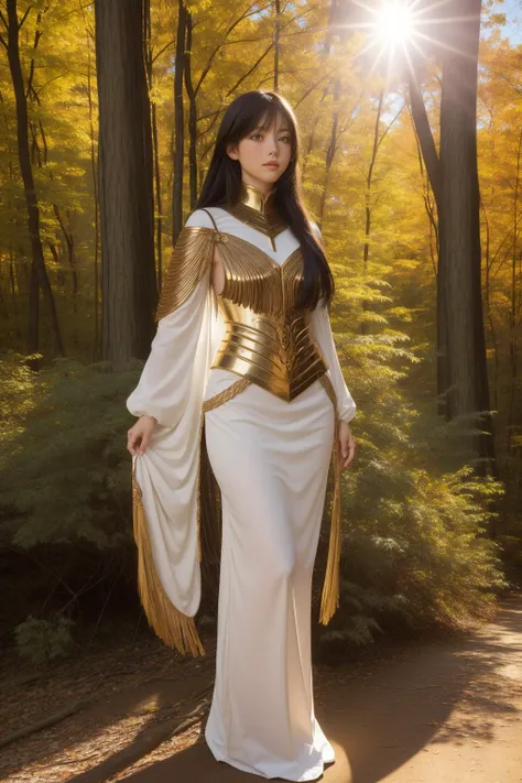 1girl, art by Carlos Schwabe, full body shot of a Great Bantu Digital camera, near Dimensional The Blackwood Forest, Very wide view, Sunlight, Kintsugi, sfumato