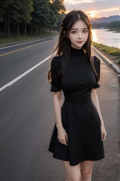 a woman in a black dress standing on a road next to a lake