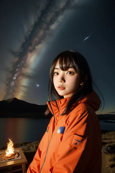 arafed woman in an orange jacket standing next to a fire pit