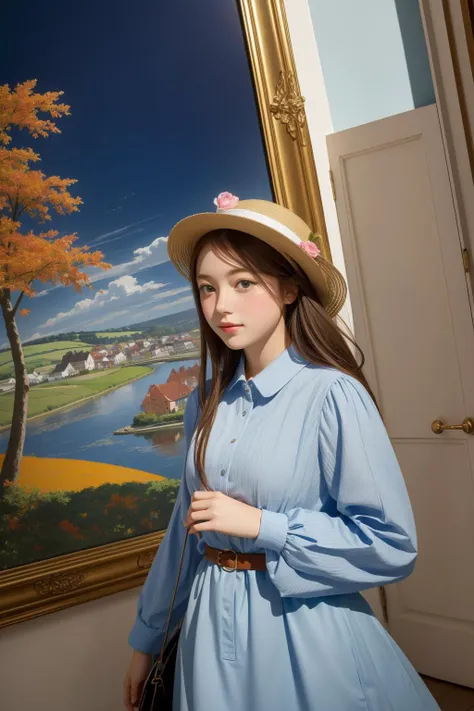 a woman in a blue dress and hat standing in front of a painting