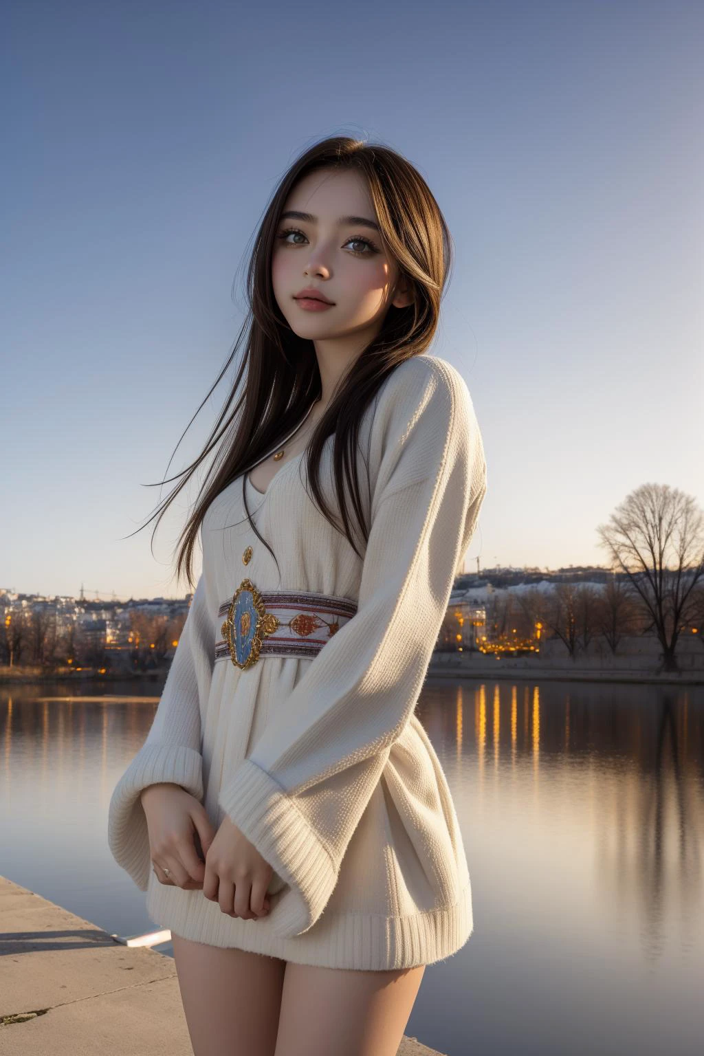 1girl, designed by Antonio J. Manzanedo, Nikolay Makovsky and Butcher Billy, RAW photo, landscape of a (Bucharest:1.2) , it is Ugly, lush lake, Winter, Tranquil, Moonlight, High Shutter Speed, dslr, 50mm