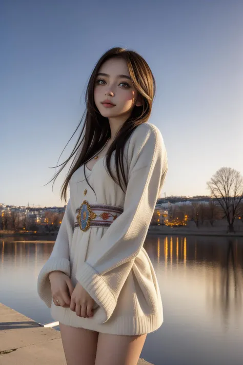 1girl, designed by Antonio J. Manzanedo, Nikolay Makovsky and Butcher Billy, RAW photo, landscape of a (Bucharest:1.2) , it is Ugly, lush lake, Winter, Tranquil, Moonlight, High Shutter Speed, dslr, 50mm