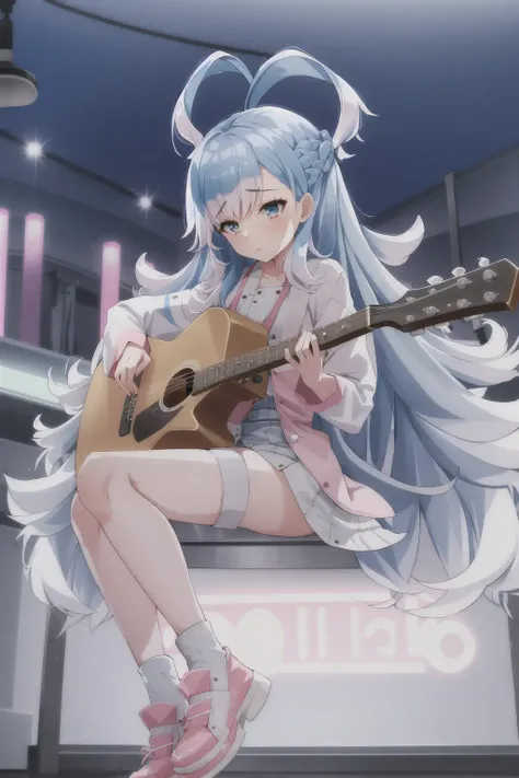 1girl, flat chest, blue hair, long hair, blue eyes, kobo, kanaeru, bar background, indoors, ahoge, white hair tips, full body at full size, pink lighting, guitar, playing on guitar, night, pink light, pink room, night club, electro guitar, electric guitar, mic, microphone, sings, sing a song