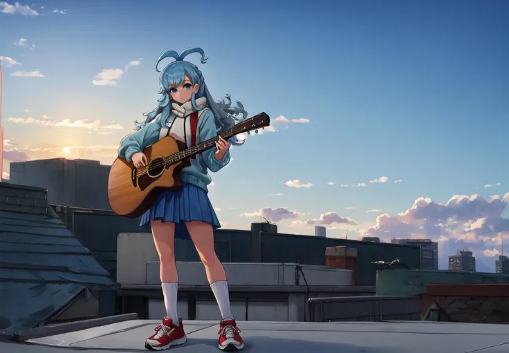 (best quality:1.5), masterpiece, ultra quality, ((1girl)), flat chest, (blue hair:1.3), long hair, blue eyes, (((kobo))), kanaeru, ((skyscrapers background)), standing on rooftop, ahoge, white hair tips, full body at full size, sunset, guitar, playing on guitar, <lora:Kobo-000015:0.9>, (((standingon the edge))), blue sweater, long white skirt, long  blue socks, red sneakers