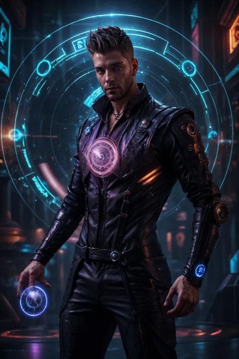 realistic, ((masterpiece)), ((best quality)), (detailed), cinematic, dynamic lighting, soft shadow, detailed background, professional photography, depth of field, intricate, detailed face, subsurface scattering, realistic hair, realistic eyes, muscular, manly, photo of a handsome man, cyberwizard, magic circle, casting spell, cyberpunk, science fiction, magic, dynamic pose, fighting stance, magic circle in background, dynamic angle, glowing, beard, glowing eyes, hologram, bodysuit,