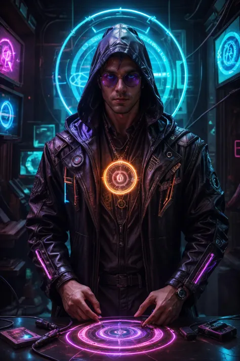 realistic, ((masterpiece)), ((best quality)), (detailed), cinematic, dynamic lighting, soft shadow, detailed background, professional photography, depth of field, intricate, detailed face, subsurface scattering, realistic hair, realistic eyes, muscular, manly, photo of a handsome man, cyberwizard, magic circle, casting spell, cyberpunk, science fiction, magic, neon lights, magic circle in background, glowing, beard, glowing eyes, hologram, bodysuit, sunglasses, purple hair, hood, dynamic pose,
