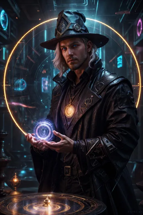 realistic, ((masterpiece)), ((best quality)), (detailed), cinematic, dynamic lighting, soft shadow, detailed background, professional photography, depth of field, intricate, detailed face, subsurface scattering, realistic hair, realistic eyes, muscular, manly, photo of a handsome man, cyberwizard, magic circle, casting spell, cyberpunk, science fiction, magic, dynamic pose, fighting stance, magic circle in background, dynamic angle, glowing, white hair, beard, glowing eyes, hologram, wizard hat,