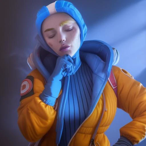character name, highres, medium breasts, commentary, solo, gloves, ribbed bodysuit, orange jacket, blue gloves, blue bodysuit, animification, leaning forward, 1girl, jin rou, hooded jacket, copyright name, bangs, parted lips, one eye closed, blush, hooded bodysuit, heart, absurdres, freckles, upper body, hood, blue headwear, wattson (apex legends), apex legends, v