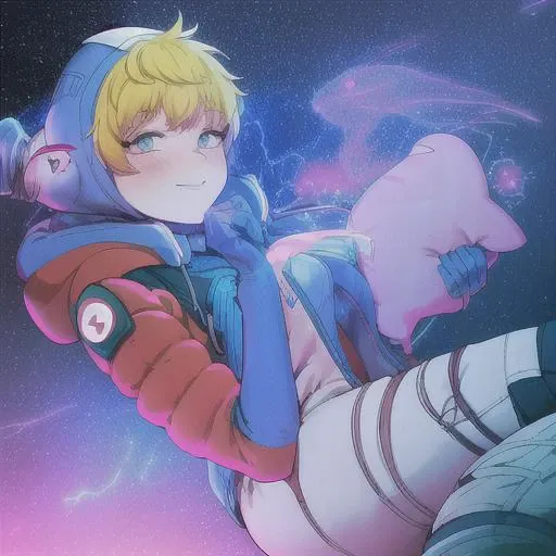 hooded jacket, pink headwear, star (symbol), kawaii voltage wattson, space, rarano neru, apex legends, stuffed toy, pink bodysuit, hood, gloves, logo, blush, wattson (apex legends), medium breasts, short hair, animification, blue eyes, nessie (respawn), blue gloves, blue jacket, copyright name, heart, smile, ribbed bodysuit, yellow bodysuit, highres