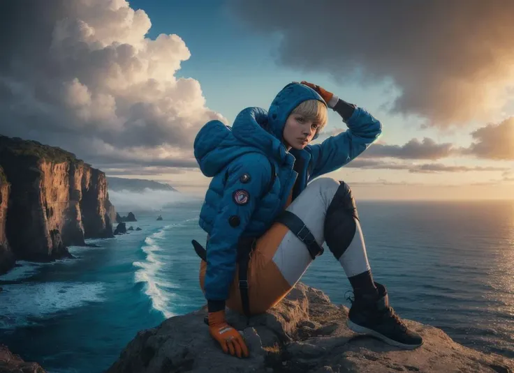 masterpiece [digital illustration|textured oil painting] of 1girl wattson (apex legends) sitting on edge of cliff looking at the ocean, twilight, hurricane weather, rainy, fog, dark clouds, hooded bodysuit blonde bangs, bodysuit, white bodysuit, hood, jacket, orange jacket, gloves, knee pads, hooded jacket, blue gloves, ribbed bodysuit, blue bodysuit, thigh strap, cable, blue headwear, crashing waves, criterion channel film, 8k uhd, bluray film, film grain, masterpiece, high detailed, scar on cheek, <lora:APEX_wattson_v3-[wattson (apex legends)]:0.7>,(by Artist Wadim Kashin:1.3),(Modern European Ink Painting:1.3),(Seapunk Art:1.3),(Photorealism:1.3),(close portrait:1.3),(Feminine:1.4),(beautiful:1.4),(attractive:1.3),handsome,calendar pose,perfectly detailed eyes,studio lighting,thematic background