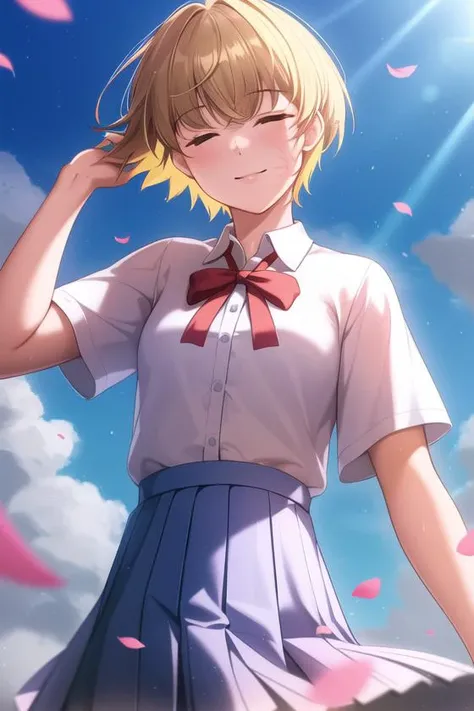 <lora:wattson_(apex_legends)v3:0.9>, wattson (apex legends), masterpiece, best quality, 1girl, solo, skirt, blonde hair, school uniform, closed eyes, cloud, petals, ribbon, sky, shirt, red ribbon, short hair, outdoors, pleated skirt, sunlight, day, white shirt, smile, blue skirt, building, light rays, cloudy sky, short sleeves, standing, collared shirt, sunbeam, bangs, city, scar, scar on face, scar on cheek, burn scar,