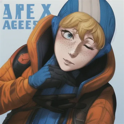 character name, highres, medium breasts, commentary, solo, gloves, ribbed bodysuit, orange jacket, blue gloves, blue bodysuit, animification, leaning forward, 1girl, jin rou, hooded jacket, copyright name, bangs, parted lips, one eye closed, blush, hooded bodysuit, heart, absurdres, freckles, upper body, hood, blue headwear, wattson (apex legends), apex legends, v