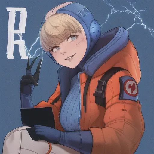 cable, blue bodysuit, mozu (kingkingg), looking at viewer, scar on cheek, blue headwear, error, ribbed bodysuit, parted lips, white bodysuit, highres, hooded jacket, orange jacket, hood, blue gloves, gloves, black background, smile, wattson (apex legends), electricity, apex legends, commentary