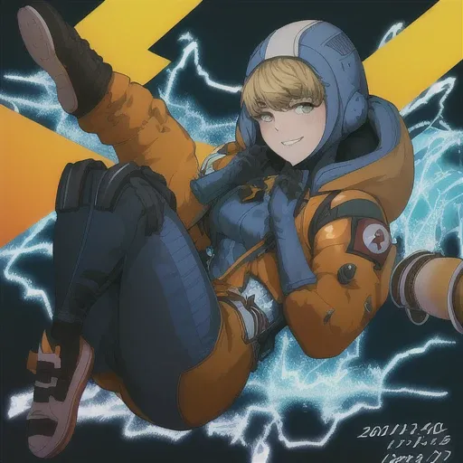 highres, apex legends, blue bodysuit, wattson (apex legends), lightning bolt symbol, v-shaped eyebrows, absurdres, hooded jacket, ribbed bodysuit, white background, hooded bodysuit, smile, blue headwear, orange jacket, own hands together, bangs, hood, medium breasts, dated, animification, shirogane anzu (ginkgo), artist name