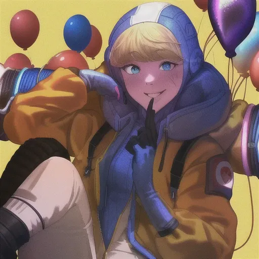 highres, apex legends, yellow sweater, wattson (apex legends), hood, balloon, blue footwear, heart, looking at viewer, pink headwear, smile, animification, blush, sweater, eyebrows hidden by hair, blue jacket, hooded jacket, blue eyes, purple eyeshadow, holding balloon, eyeshadow, makeup, open mouth, star (symbol), holding, blonde hair, pink bodysuit, kawaii voltage wattson, knee pads, osushimax, ribbed sweater