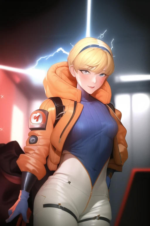 masterpiece, best quality, high quality, absurdres, 1girl, <lora:wattsonApexLegends_v10:1>, sparkle, wattson_(apex_legends), small breasts, blonde hair, scar, gloves, orange jacket, electricity