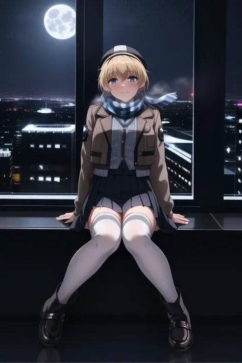 <lora:wattson_(apex_legends)v3:0.9>, wattson (apex legends), masterpiece, best quality, 1girl, night, skirt, solo, moon, thighhighs, shirt, boots, cityscape, hat, city lights, blue eyes, sitting, full moon, pleated skirt, night sky, striped shirt, pink scarf, striped, looking at viewer, open clothes, bangs, closed mouth, open jacket, scarf, white thighhighs, jacket, window, knee boots, indoors, short sleeves, blush, sky, city, full body, blonde hair, black skirt, wariza, skyscraper, breasts, short hair, buckle, white headwear, building, black footwear, between legs, black jacket, miniskirt, reflection, buttons, top hat, water, grey footwear, belt, blue skirt, mini hat, smile, brown footwear, v arms, outdoors, scar, scar on face, scar on cheek, burn scar,
