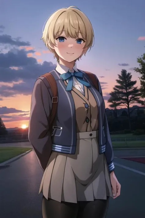 <lora:wattson_(apex_legends)v3:0.9>, wattson (apex legends), masterpiece, best quality, 1girl, solo, school uniform, bangs, blue eyes, sunset, short hair, pantyhose, jacket, blonde hair, yuigaoka school uniform, looking at viewer, dress, smile, blush, grey dress, sky, pinafore dress, breasts, cloud, outdoors, black pantyhose, neck ribbon, scar, scar on face, scar on cheek, burn scar,