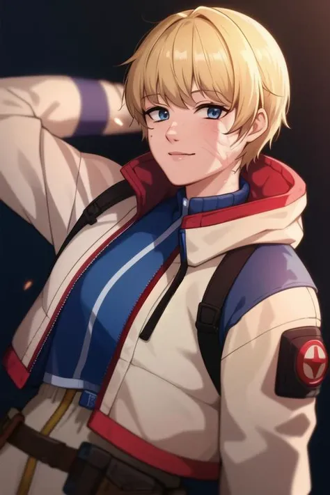 <lora:wattson_(apex_legends)v3:0.9>, wattson (apex legends), masterpiece, best quality, 1girl, solo, scar, scar on face, scar on cheek, bangs, blonde hair, blue eyes, burn scar, smile, cowboy shot,